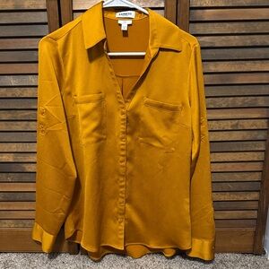 Express Women's Mustard Satin Portofino Button Down Shirt / medium slim